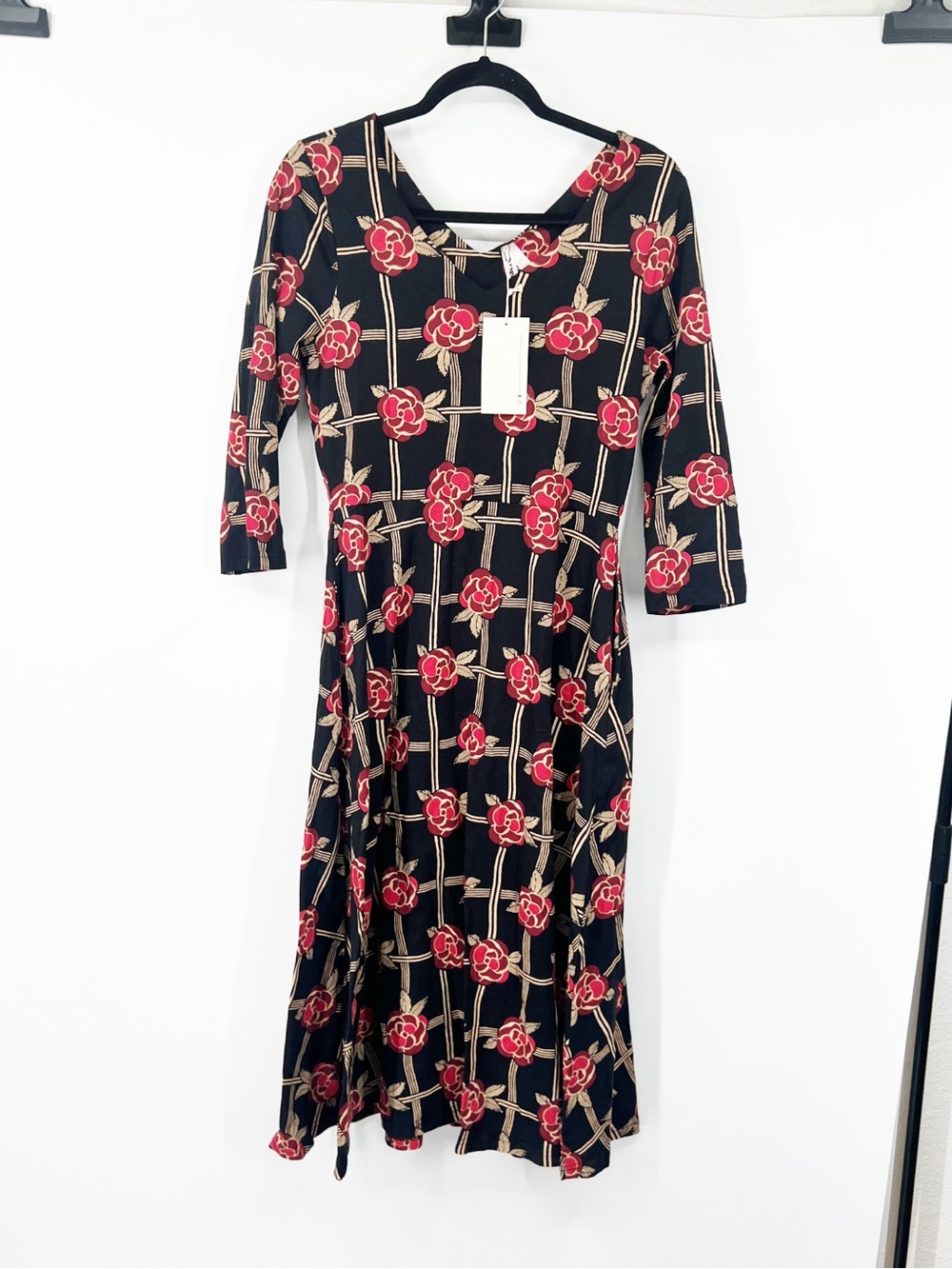 Pact Floral Fit & Flare Midi Dress 3/4 Sleeve Red Rose Print NWT